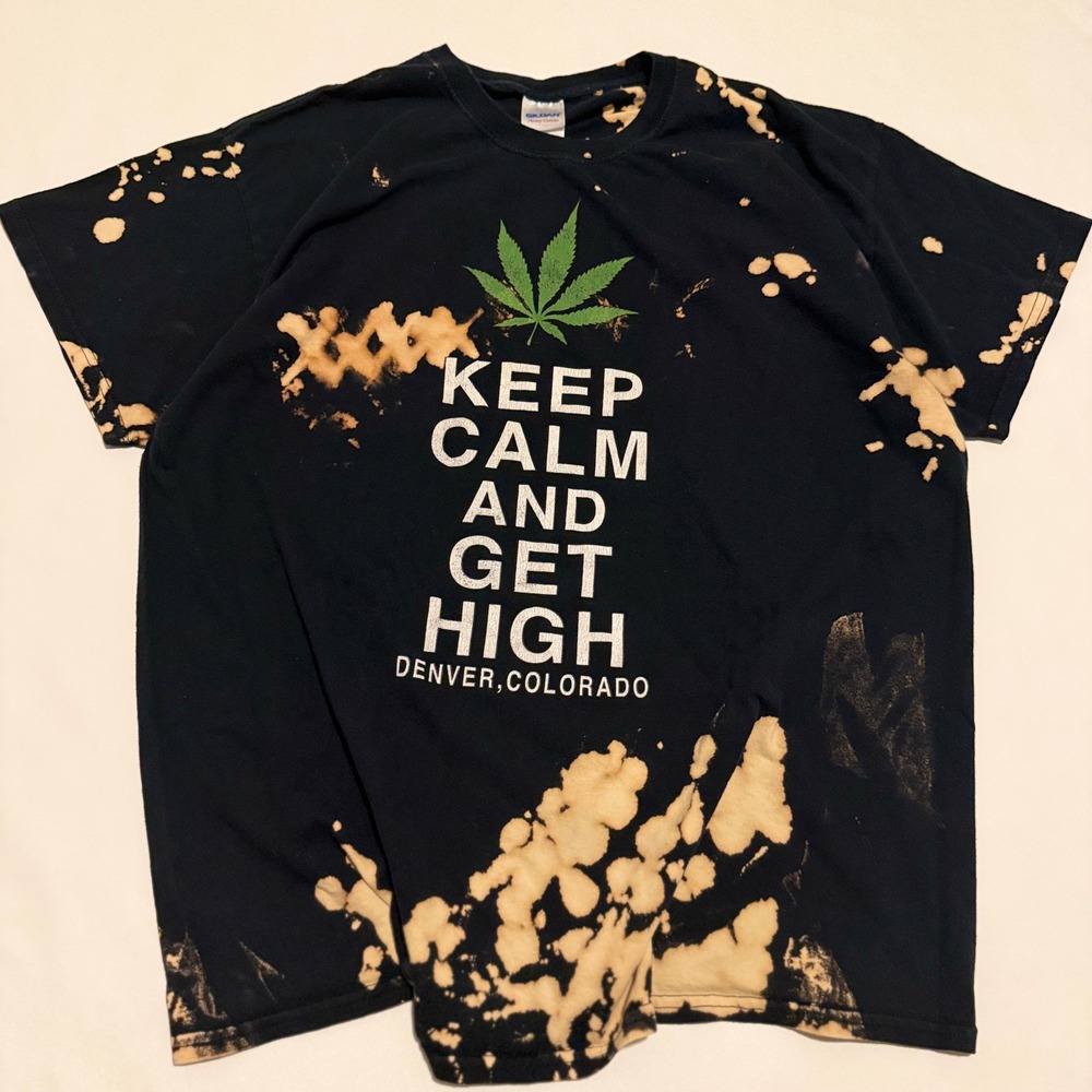 Gildan T-Shirt Mens XL Black Bleach Splatter Keep Calm And Get High Denver CO